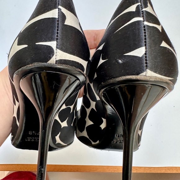 Gucci horsebit peep toe pumps in black and white silk 37.5 - Picture 7 of 10